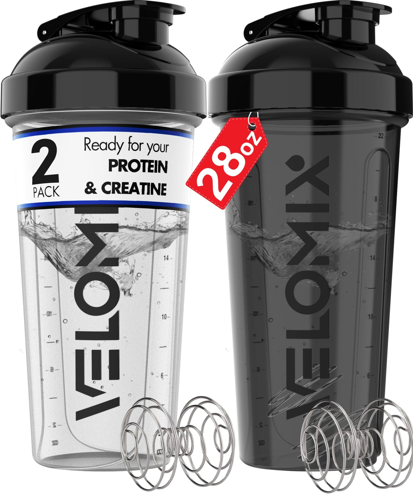-2 Pack- 28 Oz Protein Shaker Bottles for Protein Mixes - 2X Wire Whisk | Leak Proof Shaker Cups for Protein Shakes | Protein Shaker Bottle Pack | Shakers for Protein Shakes C23